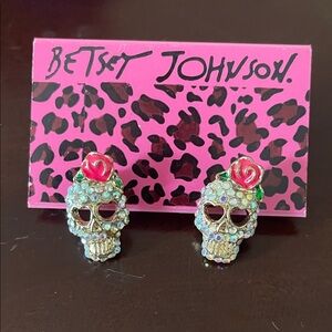 Betsey Johnson Rhinestone Skull Earrings with Red Rose